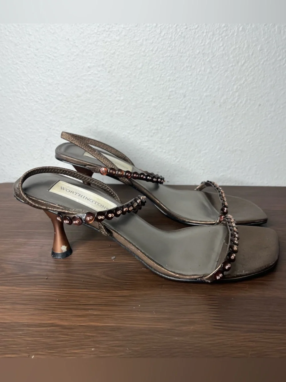 Vintage Brown Bronze Button Embellished Strappy Slingback Kitten Heels - Picture 5 of 10